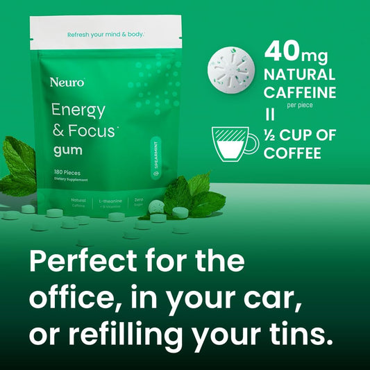 Energy & Focus Gum - 40Mg Natural Caffeine Gum & Nootropic Energy Supplement with L-Theanine & B Vitamins - Sugar Free, Vegan - Spearmint, 90Ct