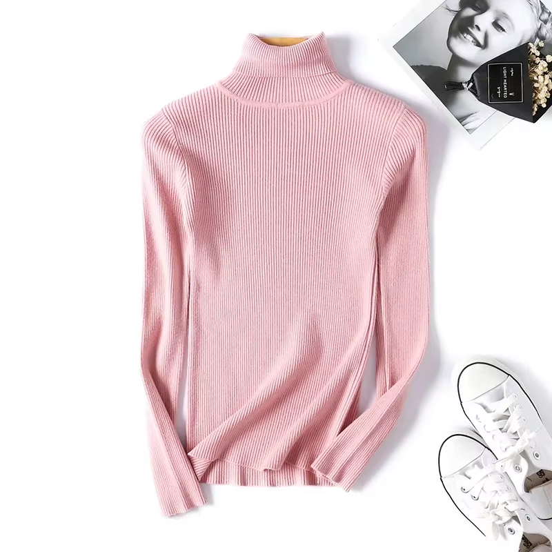 Casual Soft Polo-Neck Jumper New Autumn Winter Women Knitted Turtleneck Sweater Fashion Slim Elasticity Solid Ribbed Pullovers