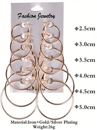12Pcs/Set Hoop Earrings Set Stainless Steel Big and Small Different Size Circle Exaggerated C-Shaped Decor Gold Hoops Silver round Hoops Earrings Classic Jewelry Gift Set for Women & Men & Girls Daily Earrings