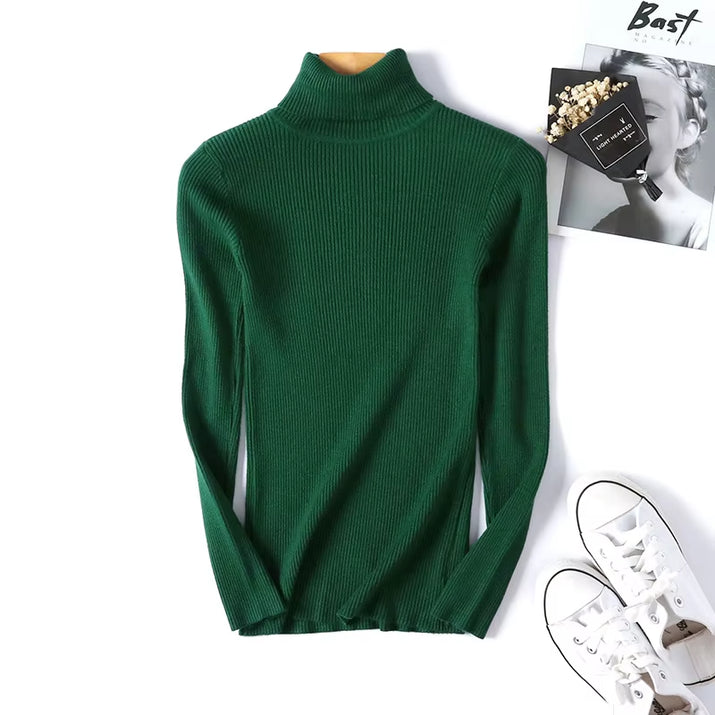 Casual Soft Polo-Neck Jumper New Autumn Winter Women Knitted Turtleneck Sweater Fashion Slim Elasticity Solid Ribbed Pullovers