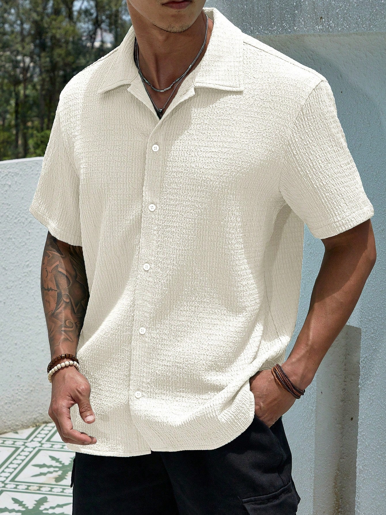 Men’s Solid Color Casual Shirt – Loose Fit Short Sleeve