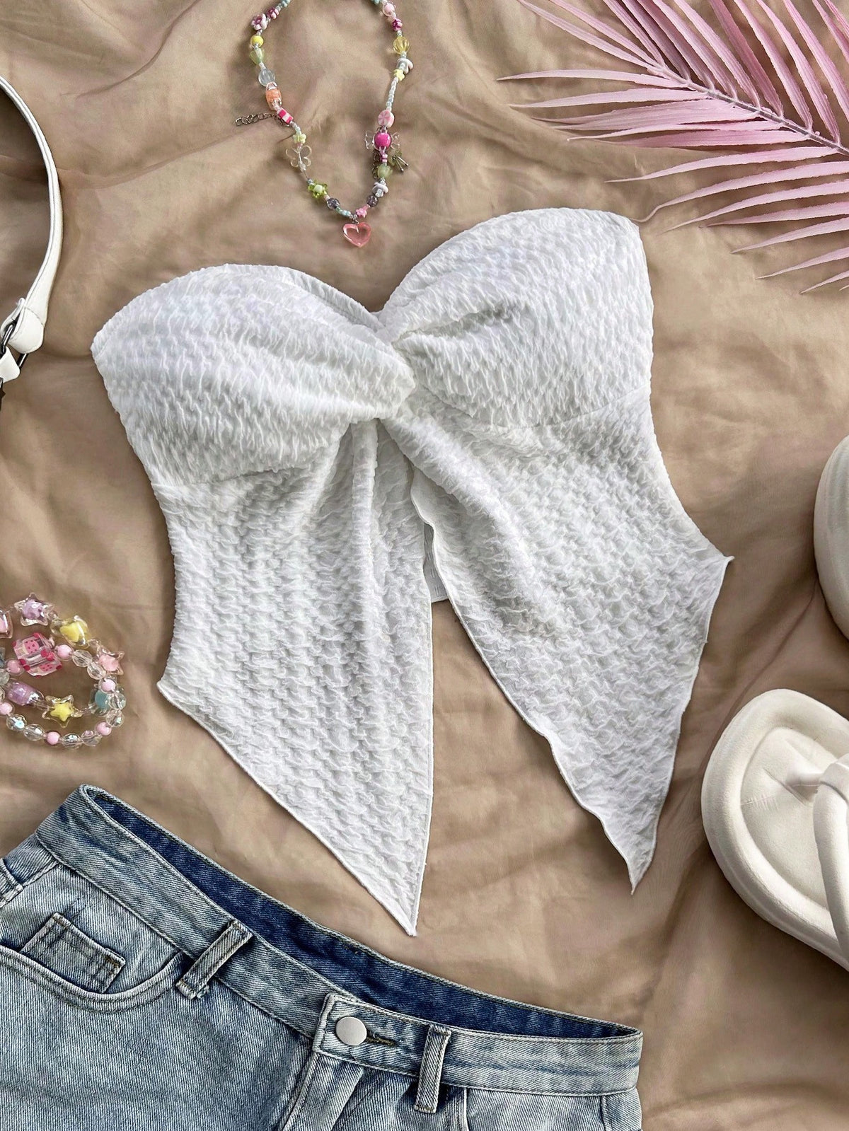 White Textured Fabric Strapless Front Slit Top