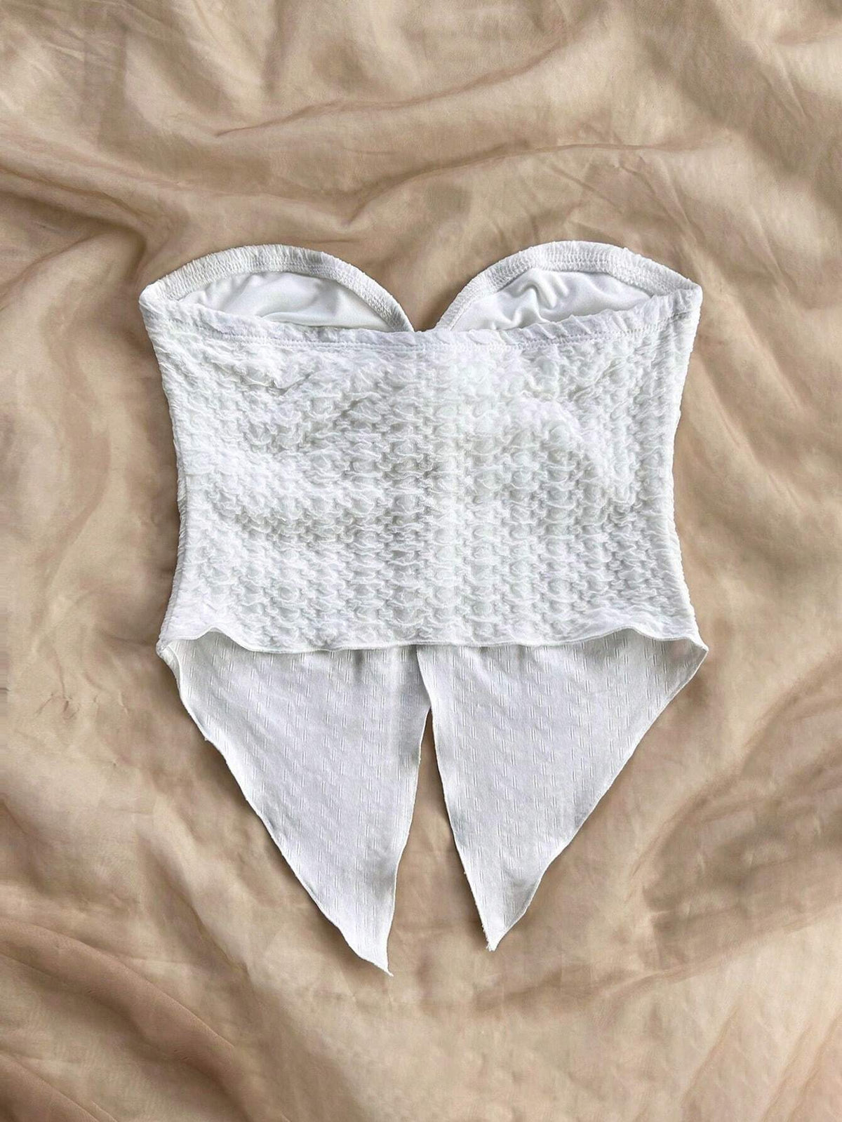 White Textured Fabric Strapless Front Slit Top