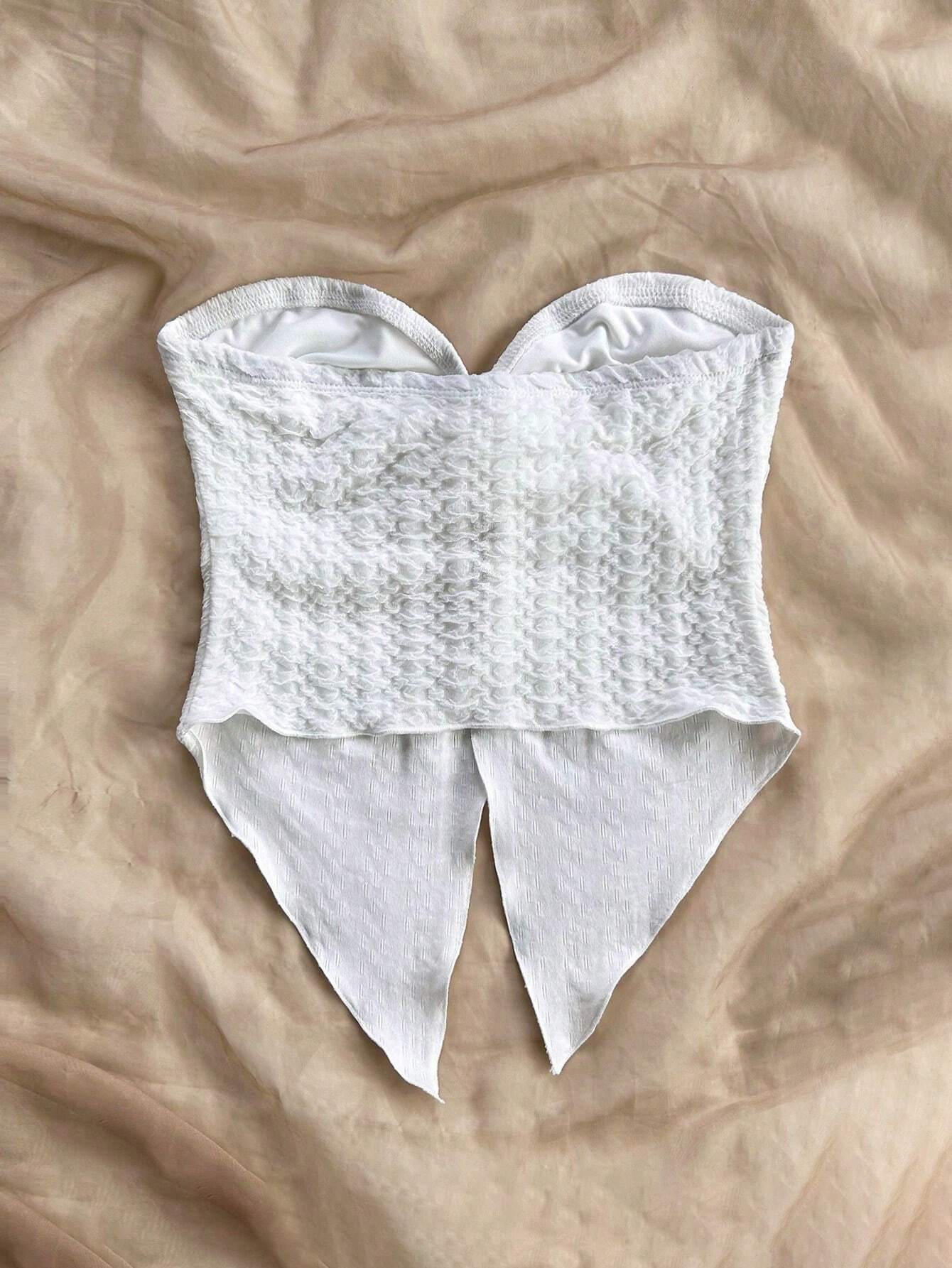 White Textured Fabric Strapless Front Slit Top