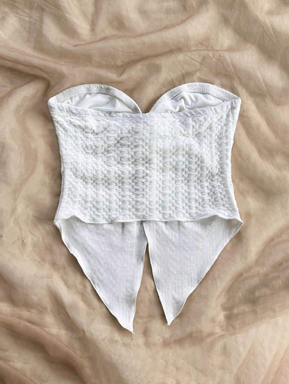 White Textured Fabric Strapless Front Slit Top