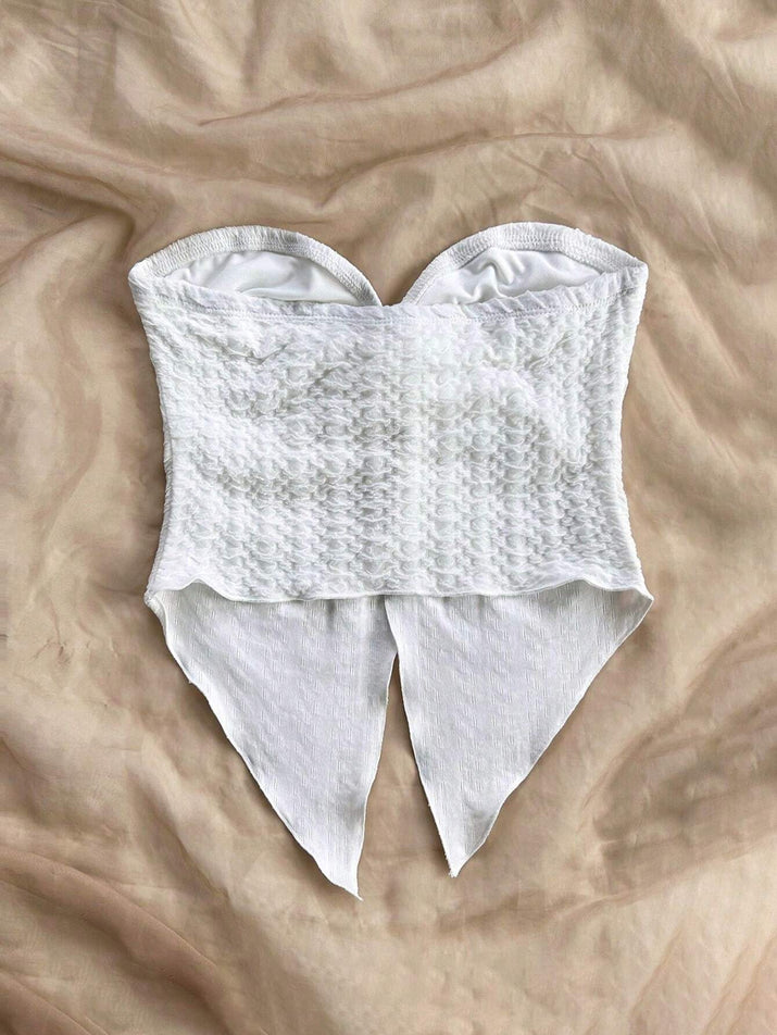 White Textured Fabric Strapless Front Slit Top