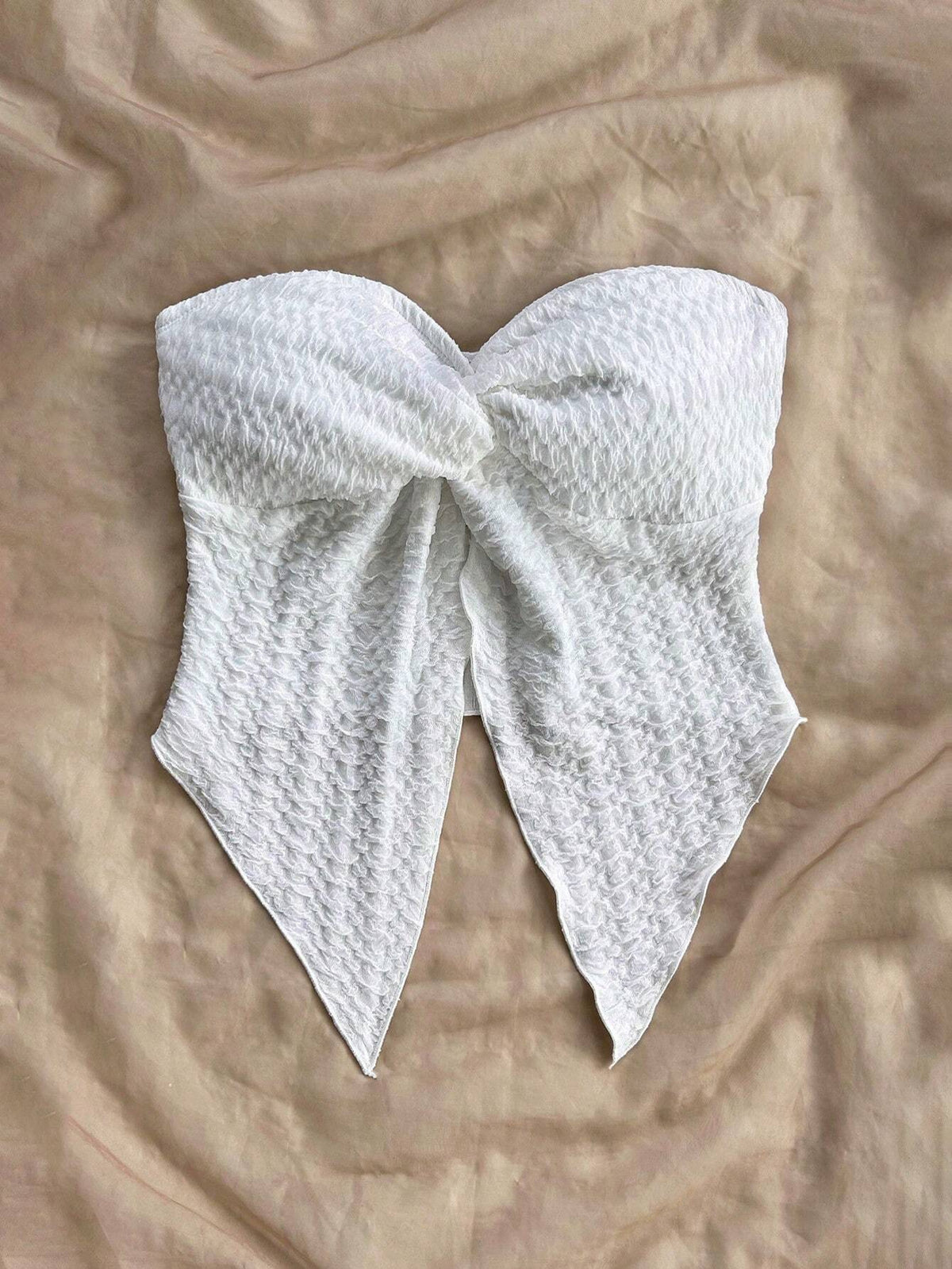 White Textured Fabric Strapless Front Slit Top