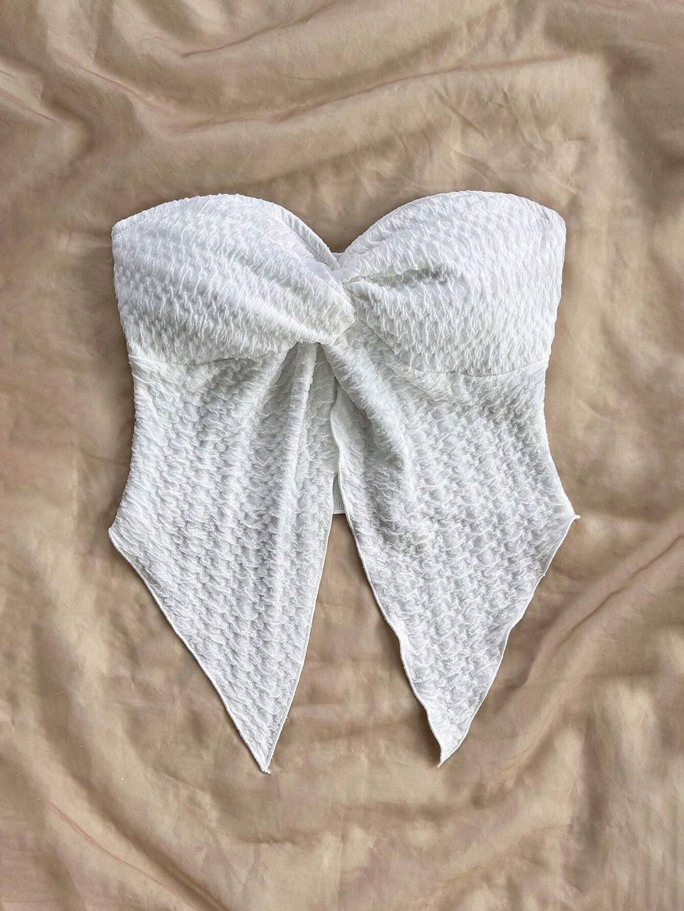 White Textured Fabric Strapless Front Slit Top