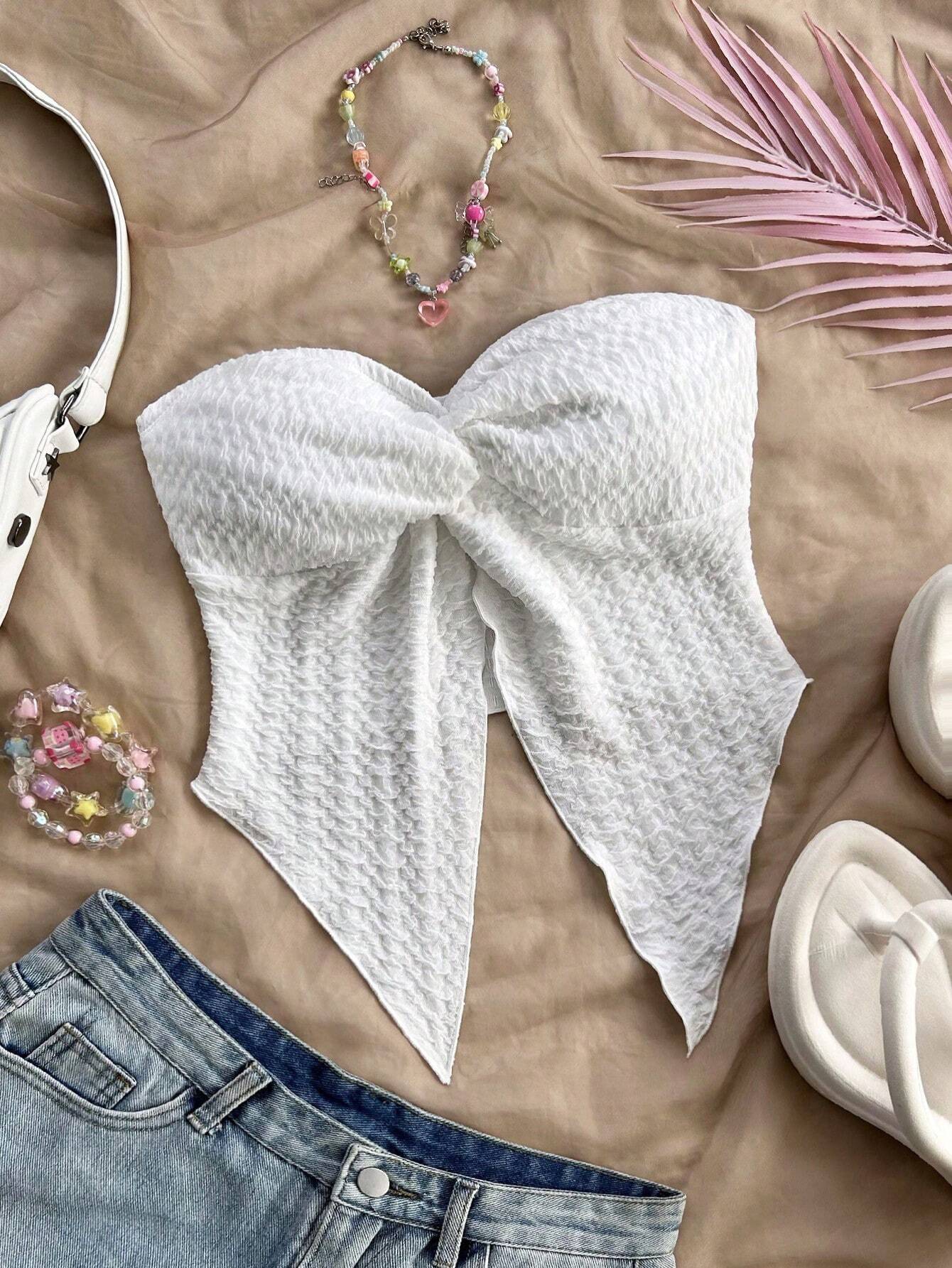 White Textured Fabric Strapless Front Slit Top