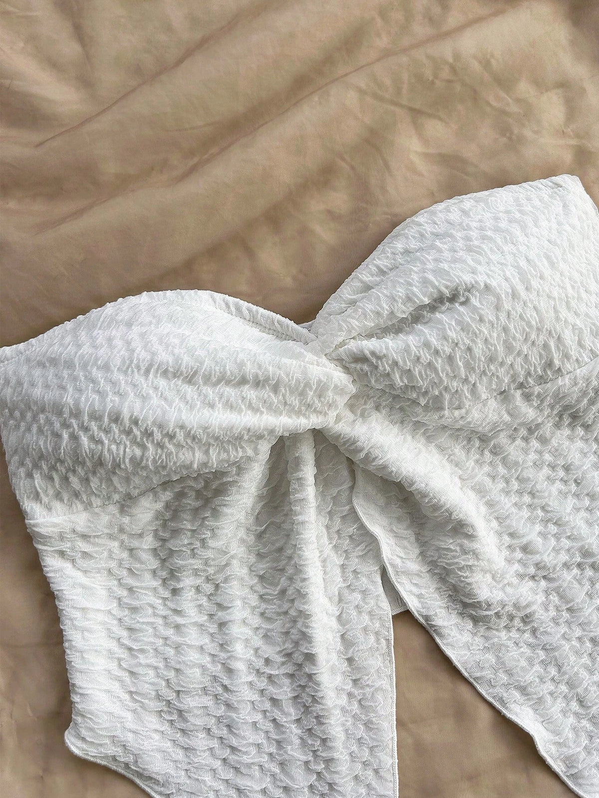 White Textured Fabric Strapless Front Slit Top