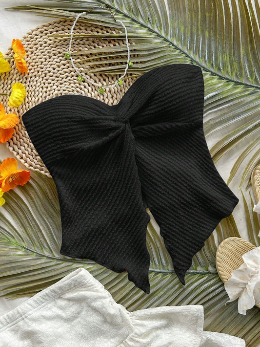 Knitted Textured Tube Top with Twisted Asymmetric Hem Top