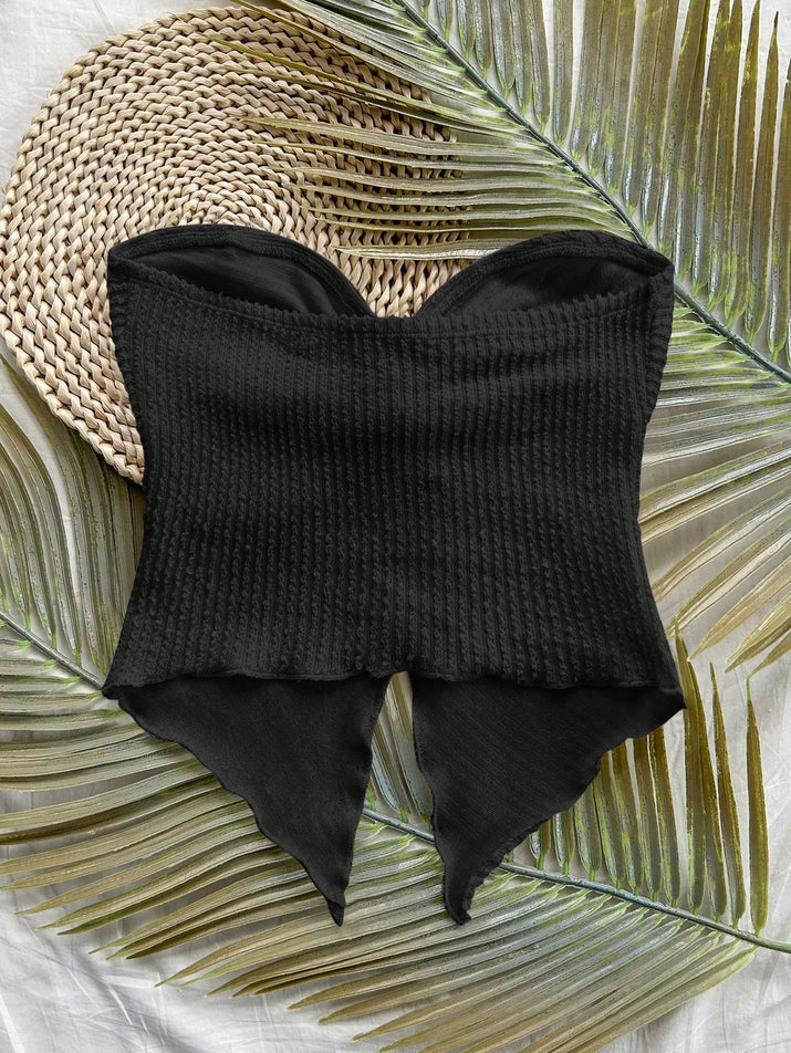 Knitted Textured Tube Top with Twisted Asymmetric Hem Top