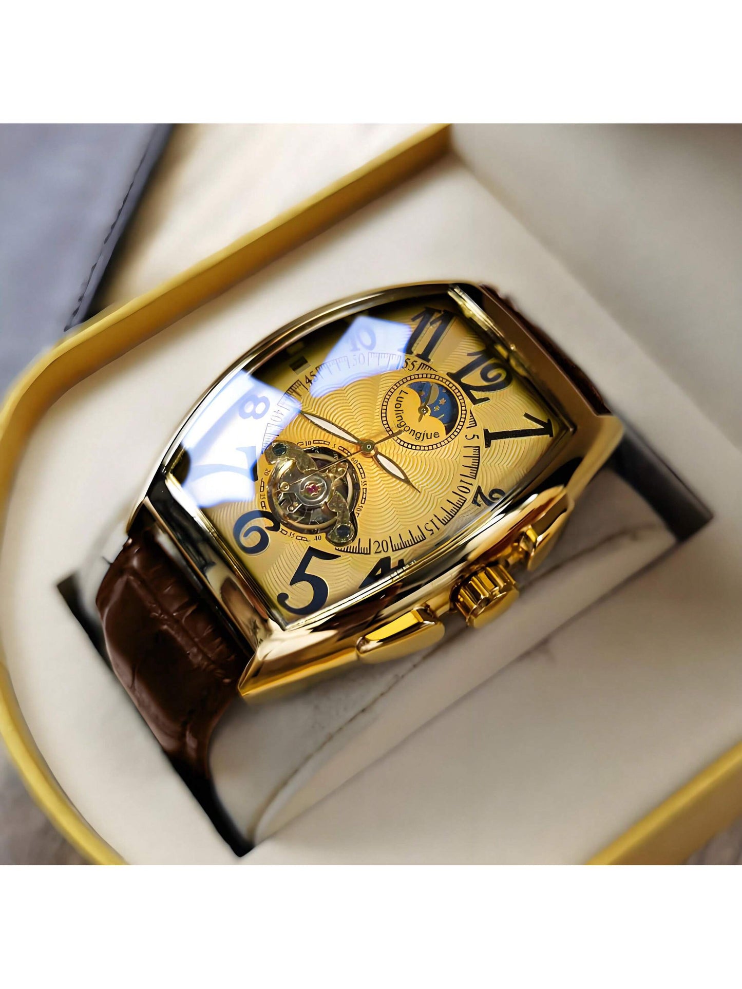 1Pc Men'S Mechanical Watch, European and American Style Barrel Shaped Dial, Mechanical Timepiece, Fashion Minimalist, Hollow Dial Design