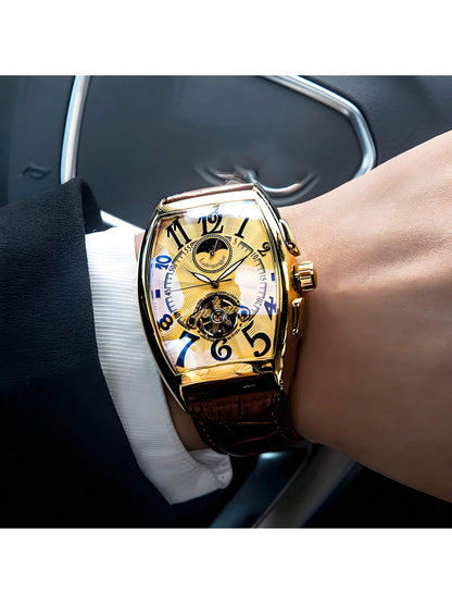 1Pc Men'S Mechanical Watch, European and American Style Barrel Shaped Dial, Mechanical Timepiece, Fashion Minimalist, Hollow Dial Design