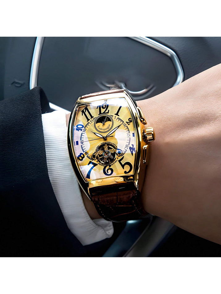 1Pc Men'S Mechanical Watch, European and American Style Barrel Shaped Dial, Mechanical Timepiece, Fashion Minimalist, Hollow Dial Design