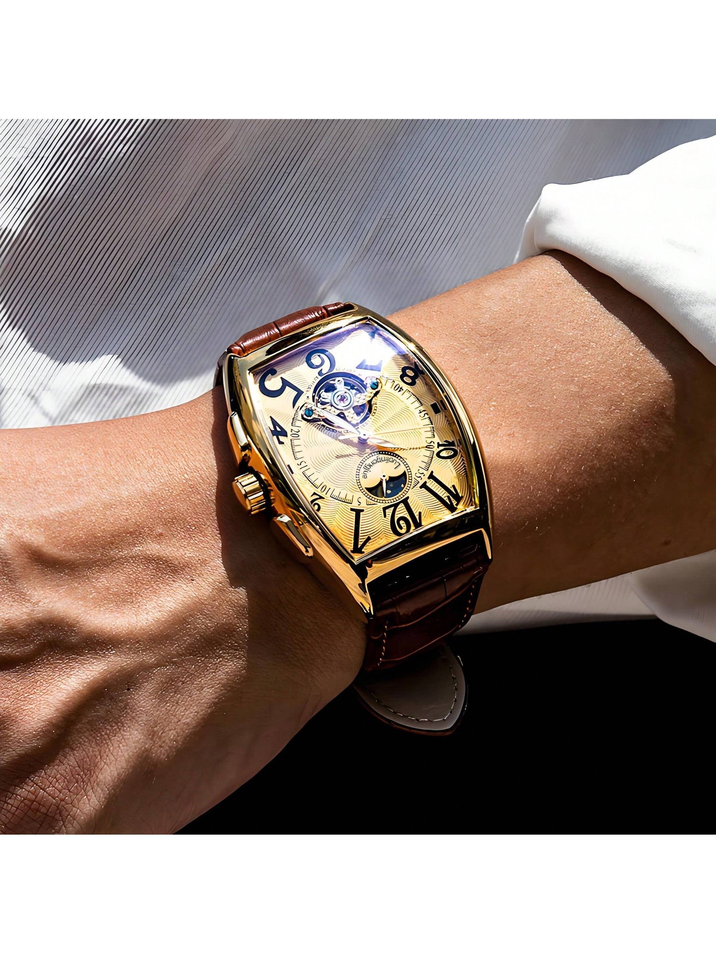 1Pc Men'S Mechanical Watch, European and American Style Barrel Shaped Dial, Mechanical Timepiece, Fashion Minimalist, Hollow Dial Design