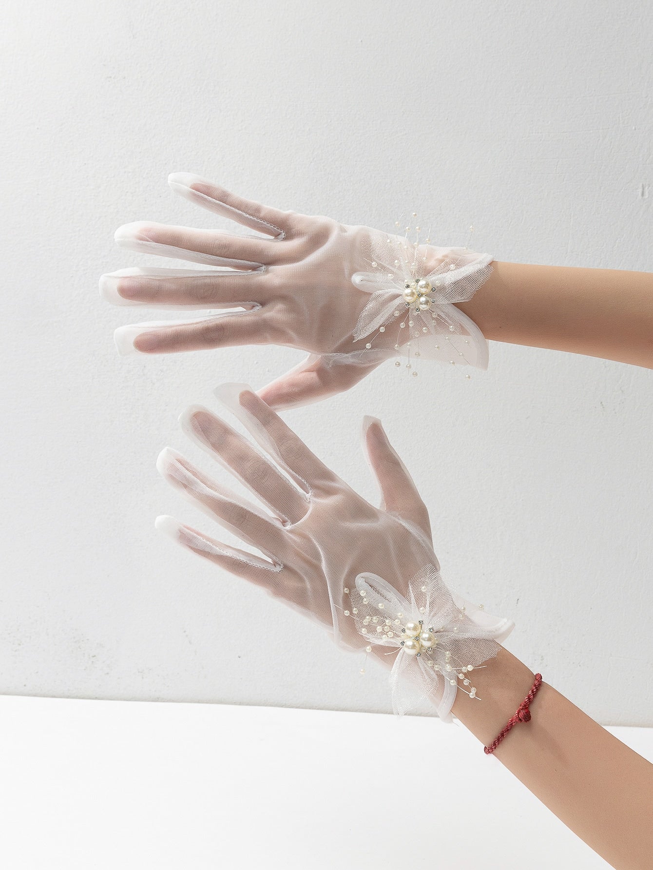 1Pair Women Faux Pearl Decor Elegant Bridal Gloves, for Wedding Party