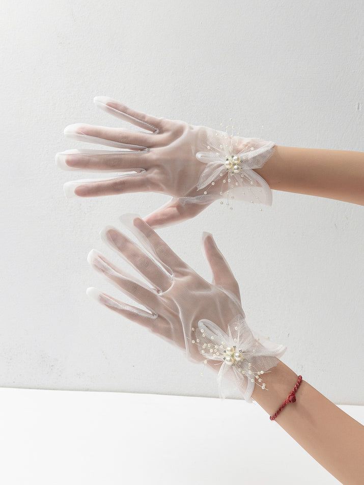 1Pair Women Faux Pearl Decor Elegant Bridal Gloves, for Wedding Party