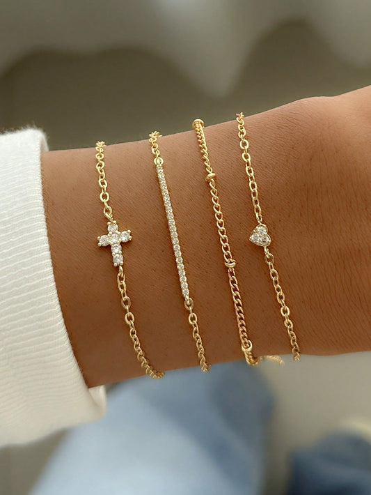 4Pcs Fashionable Cubic Zirconia Cross & Heart Decor Multi-Layer Bracelet Set for Women, Birthday Party Jewelry, Best Gift (Bead Quantity Random)