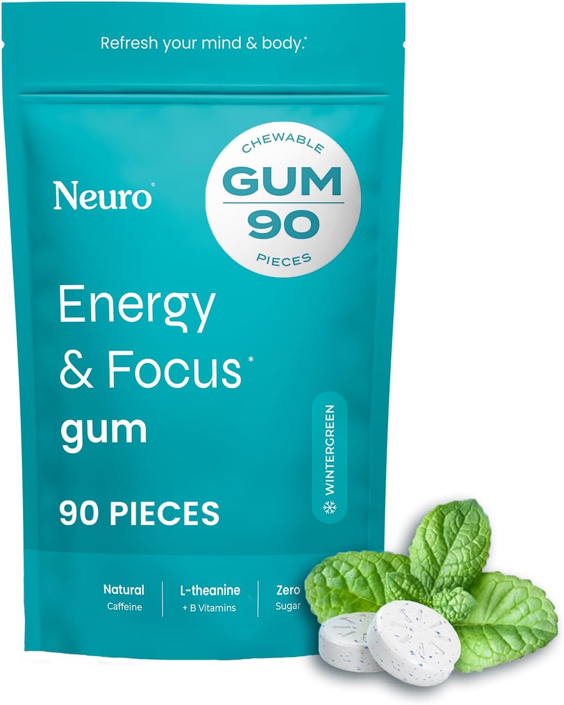 Energy & Focus Gum - 40Mg Natural Caffeine Gum & Nootropic Energy Supplement with L-Theanine & B Vitamins - Sugar Free, Vegan - Spearmint, 90Ct