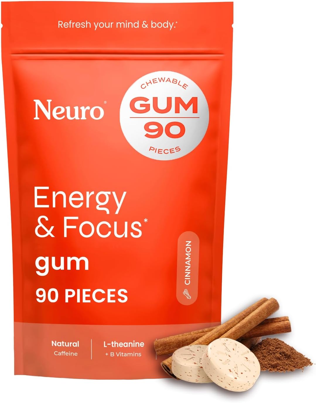 Energy & Focus Gum - 40Mg Natural Caffeine Gum & Nootropic Energy Supplement with L-Theanine & B Vitamins - Sugar Free, Vegan - Spearmint, 90Ct