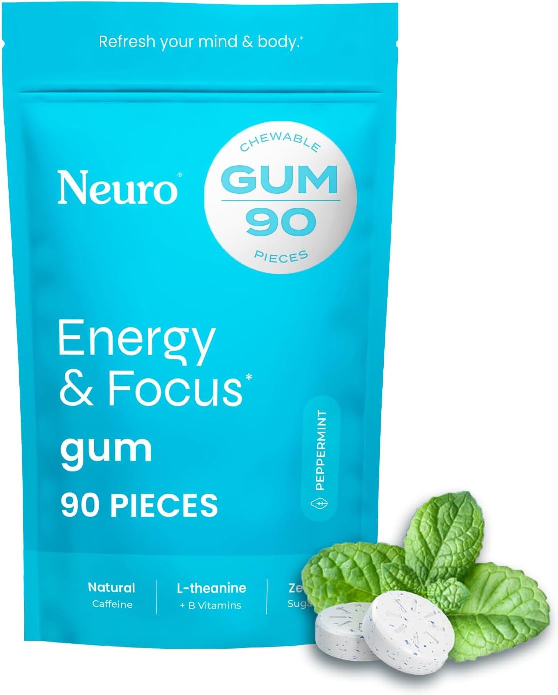 Energy & Focus Gum - 40Mg Natural Caffeine Gum & Nootropic Energy Supplement with L-Theanine & B Vitamins - Sugar Free, Vegan - Spearmint, 90Ct