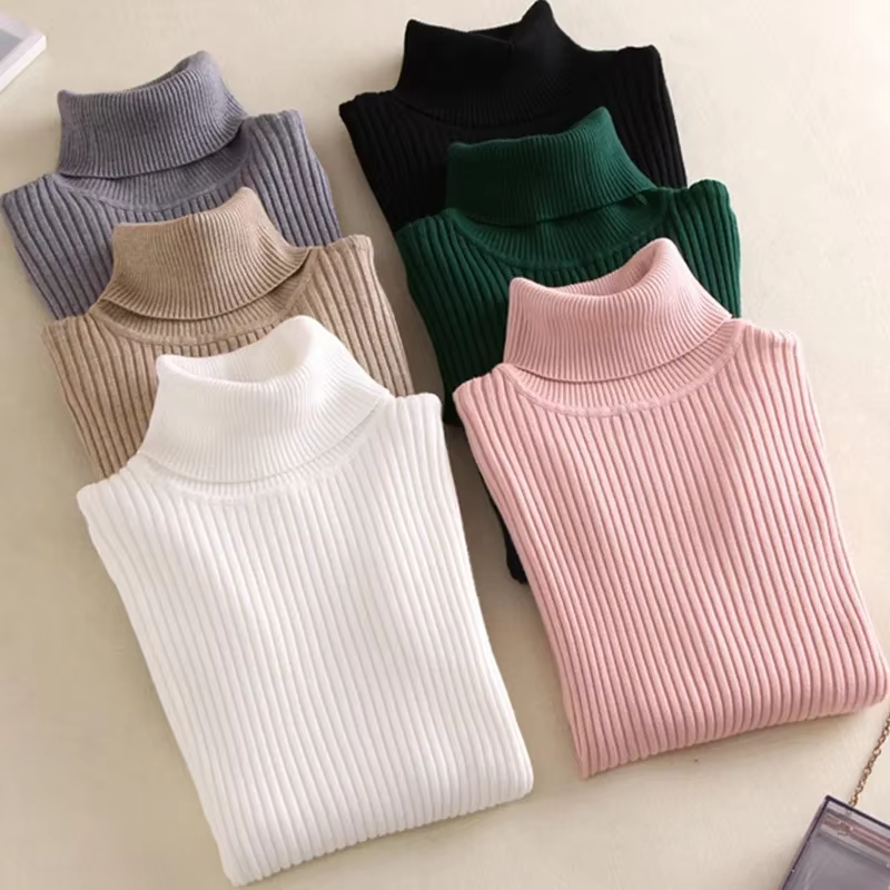 Casual Soft Polo-Neck Jumper New Autumn Winter Women Knitted Turtleneck Sweater Fashion Slim Elasticity Solid Ribbed Pullovers