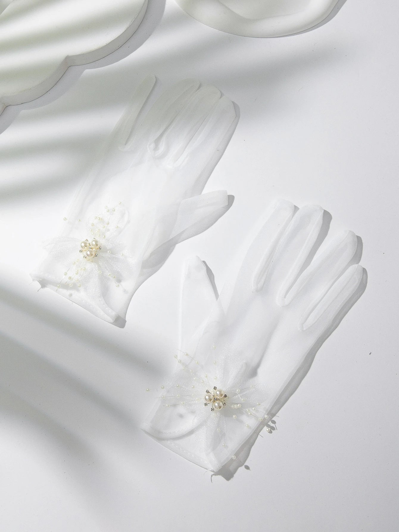 1Pair Women Faux Pearl Decor Elegant Bridal Gloves, for Wedding Party