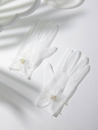 1Pair Women Faux Pearl Decor Elegant Bridal Gloves, for Wedding Party