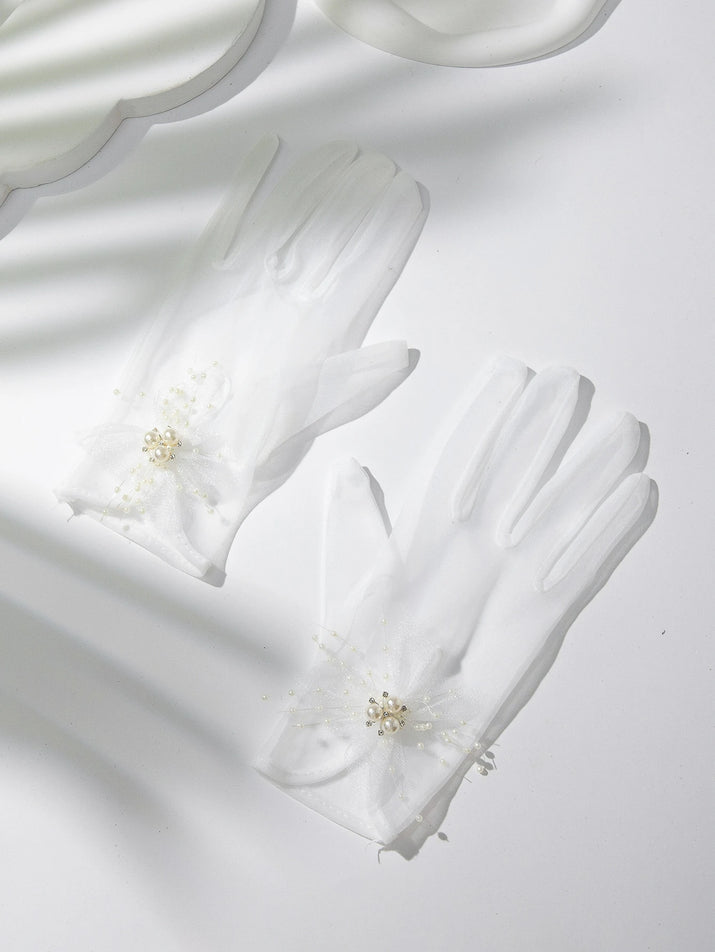 1Pair Women Faux Pearl Decor Elegant Bridal Gloves, for Wedding Party