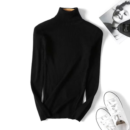 Casual Soft Polo-Neck Jumper New Autumn Winter Women Knitted Turtleneck Sweater Fashion Slim Elasticity Solid Ribbed Pullovers
