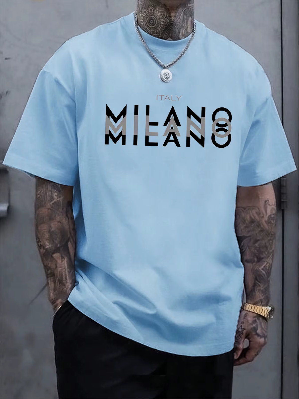 Summer Men'S 100% Pure Cotton Casual Loose Fit plus Size ITALY MILANO Printed Comfortable round Neck Short Sleeved T-Shirt Top