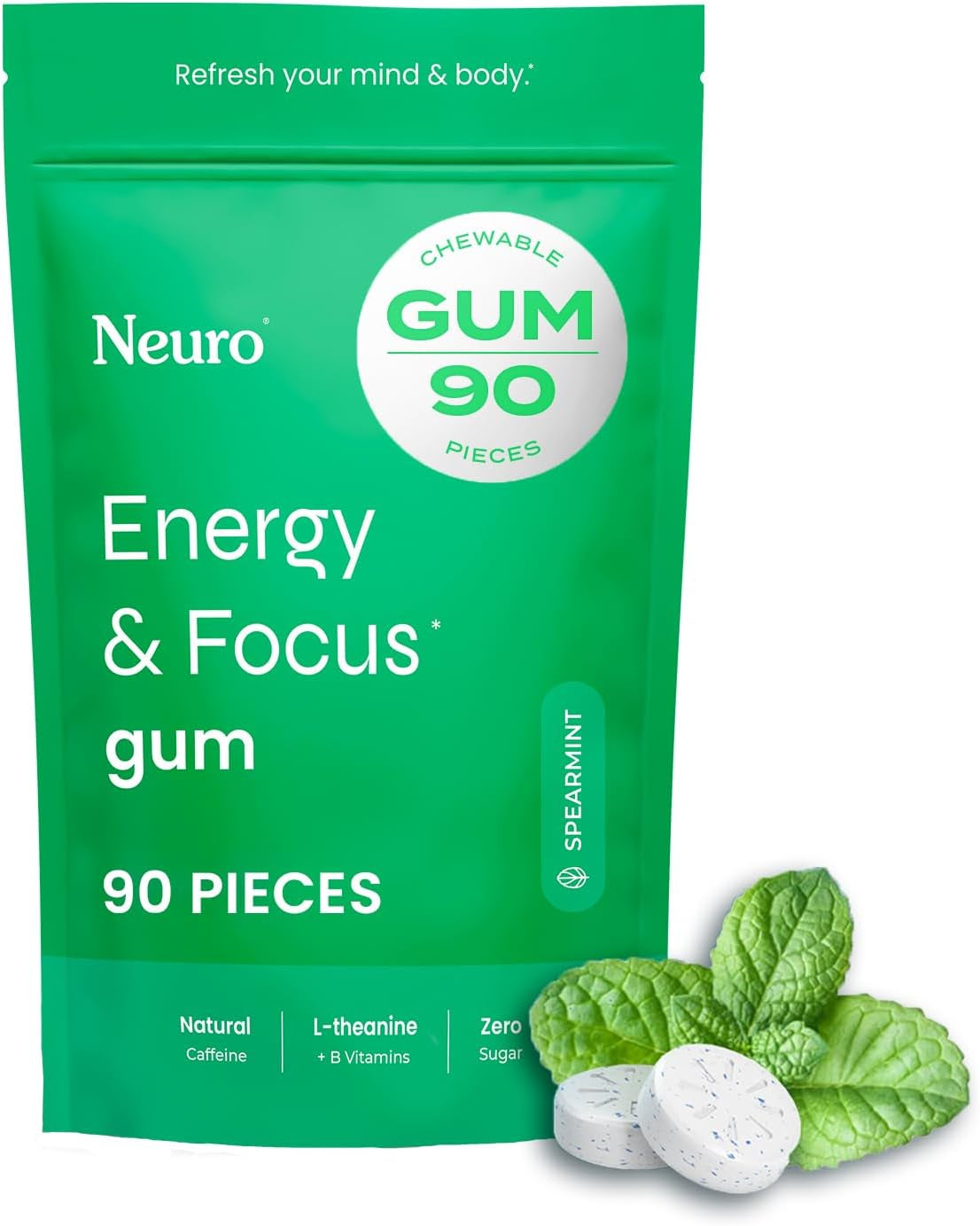 Energy & Focus Gum - 40Mg Natural Caffeine Gum & Nootropic Energy Supplement with L-Theanine & B Vitamins - Sugar Free, Vegan - Spearmint, 90Ct