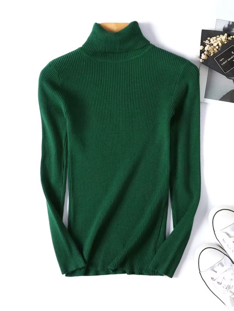 Casual Soft Polo-Neck Jumper New Autumn Winter Women Knitted Turtleneck Sweater Fashion Slim Elasticity Solid Ribbed Pullovers