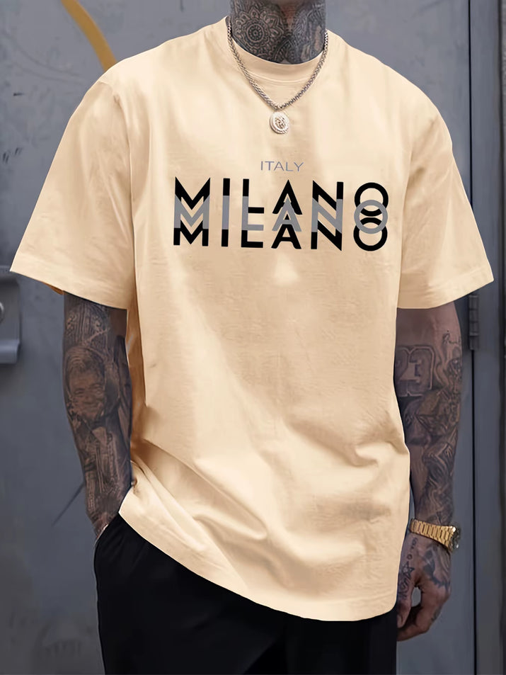 Summer Men'S 100% Pure Cotton Casual Loose Fit plus Size ITALY MILANO Printed Comfortable round Neck Short Sleeved T-Shirt Top
