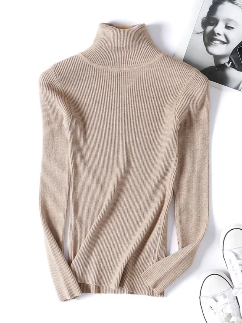 Casual Soft Polo-Neck Jumper New Autumn Winter Women Knitted Turtleneck Sweater Fashion Slim Elasticity Solid Ribbed Pullovers