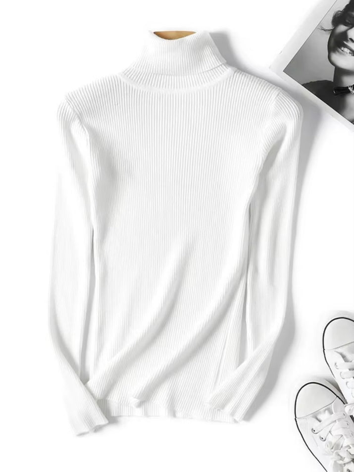 Casual Soft Polo-Neck Jumper New Autumn Winter Women Knitted Turtleneck Sweater Fashion Slim Elasticity Solid Ribbed Pullovers