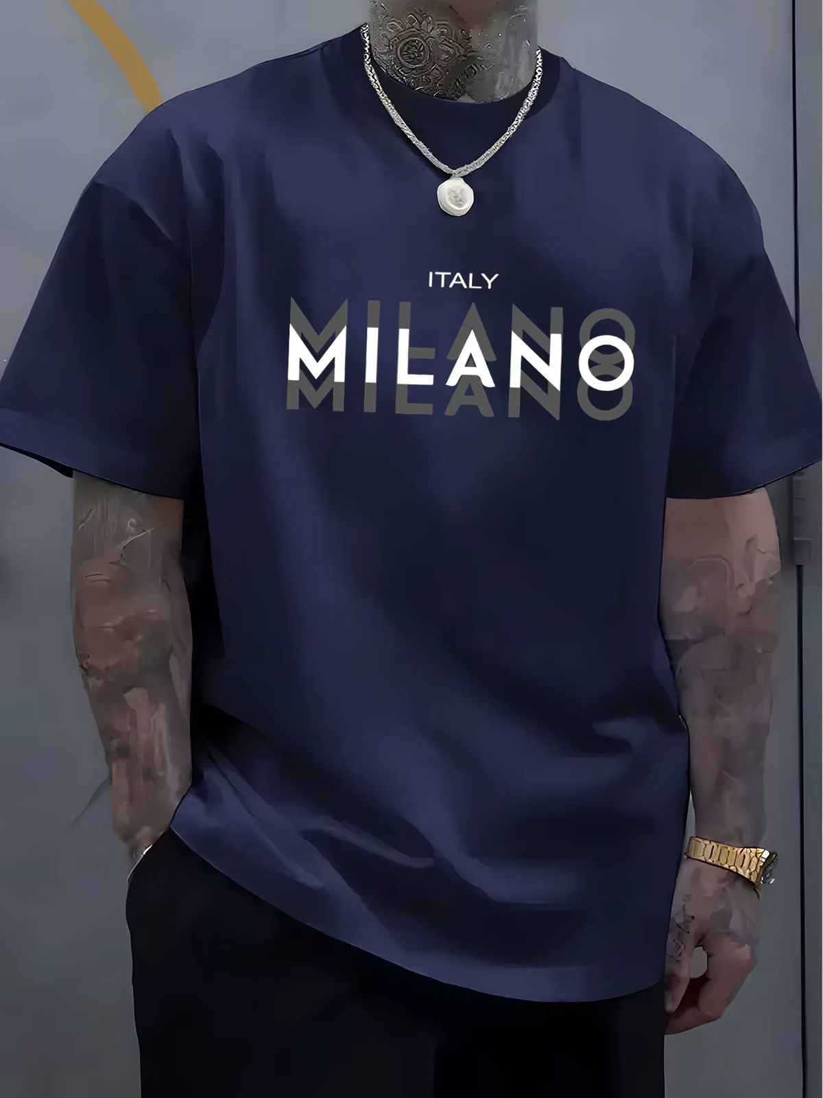 Summer Men'S 100% Pure Cotton Casual Loose Fit plus Size ITALY MILANO Printed Comfortable round Neck Short Sleeved T-Shirt Top