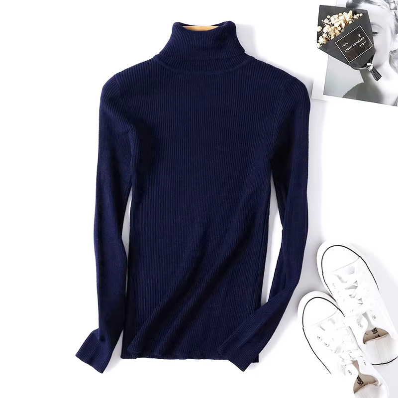 Casual Soft Polo-Neck Jumper New Autumn Winter Women Knitted Turtleneck Sweater Fashion Slim Elasticity Solid Ribbed Pullovers