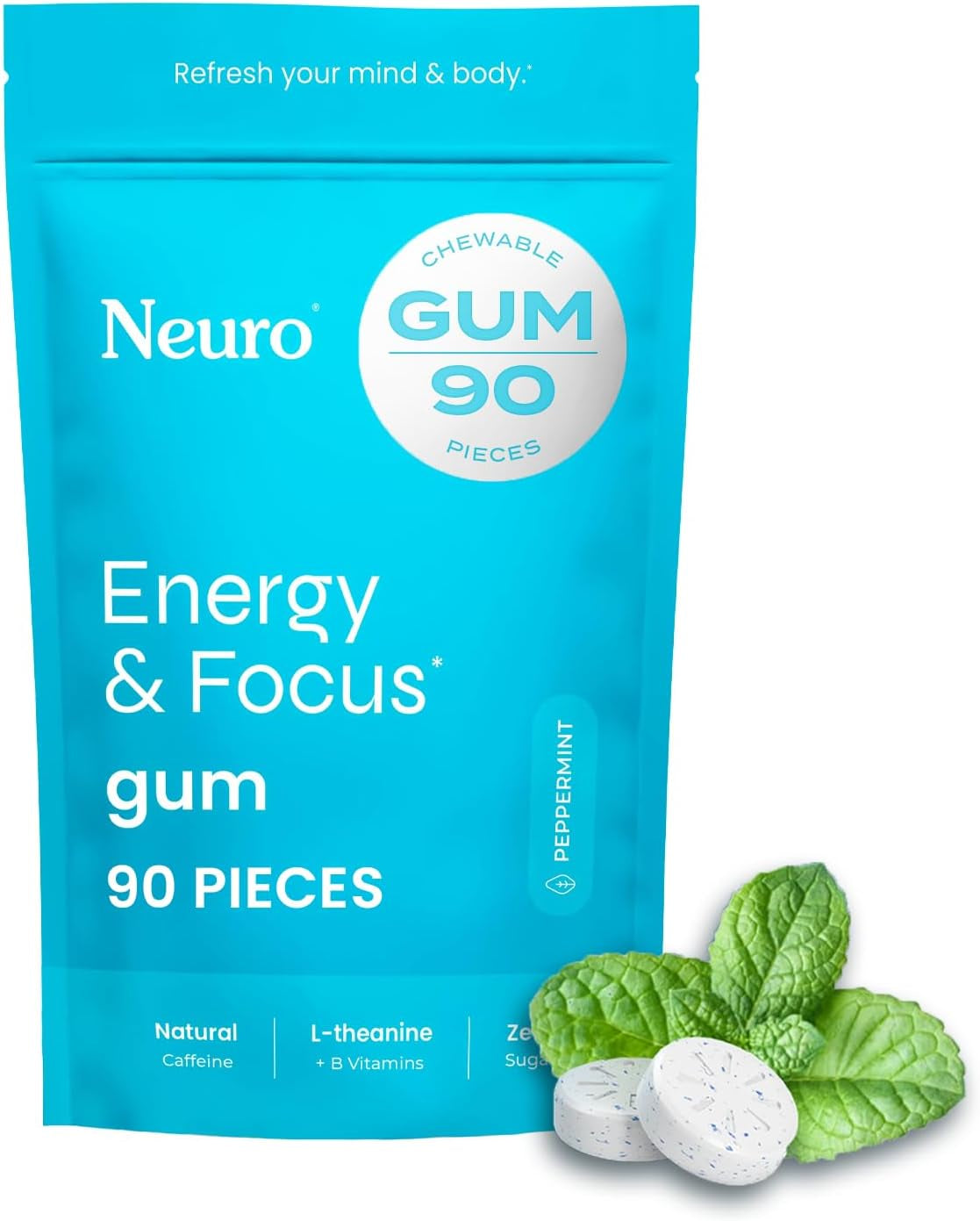 Energy & Focus Gum - 40Mg Natural Caffeine Gum & Nootropic Energy Supplement with L-Theanine & B Vitamins - Sugar Free, Vegan - Peppermint, 90Ct