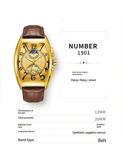 1Pc Men'S Mechanical Watch, European and American Style Barrel Shaped Dial, Mechanical Timepiece, Fashion Minimalist, Hollow Dial Design