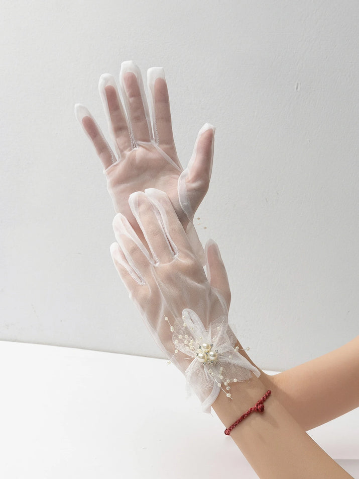 1Pair Women Faux Pearl Decor Elegant Bridal Gloves, for Wedding Party