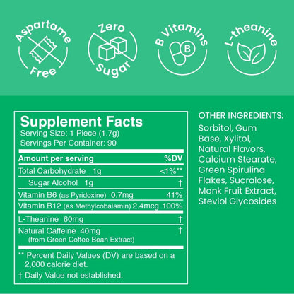 Energy & Focus Gum - 40Mg Natural Caffeine Gum & Nootropic Energy Supplement with L-Theanine & B Vitamins - Sugar Free, Vegan - Spearmint, 90Ct