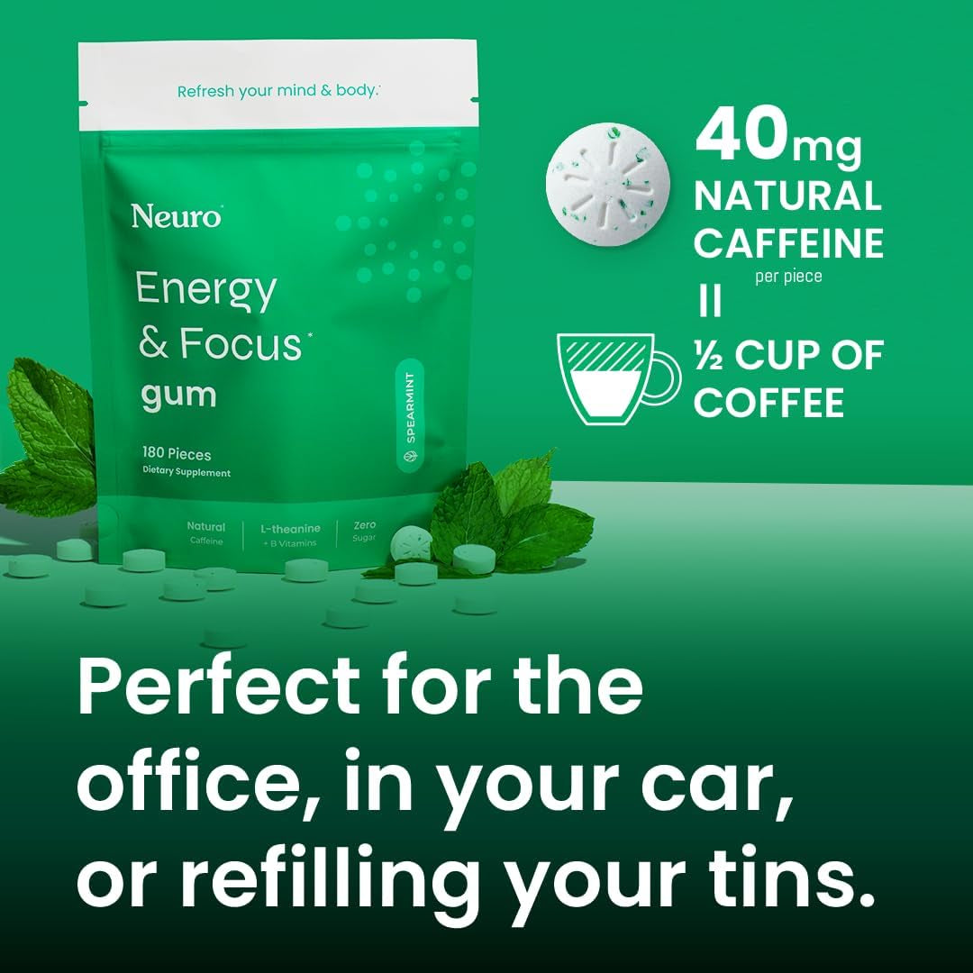 Energy & Focus Gum - 40Mg Natural Caffeine Gum & Nootropic Energy Supplement with L-Theanine & B Vitamins - Sugar Free, Vegan - Spearmint, 90Ct