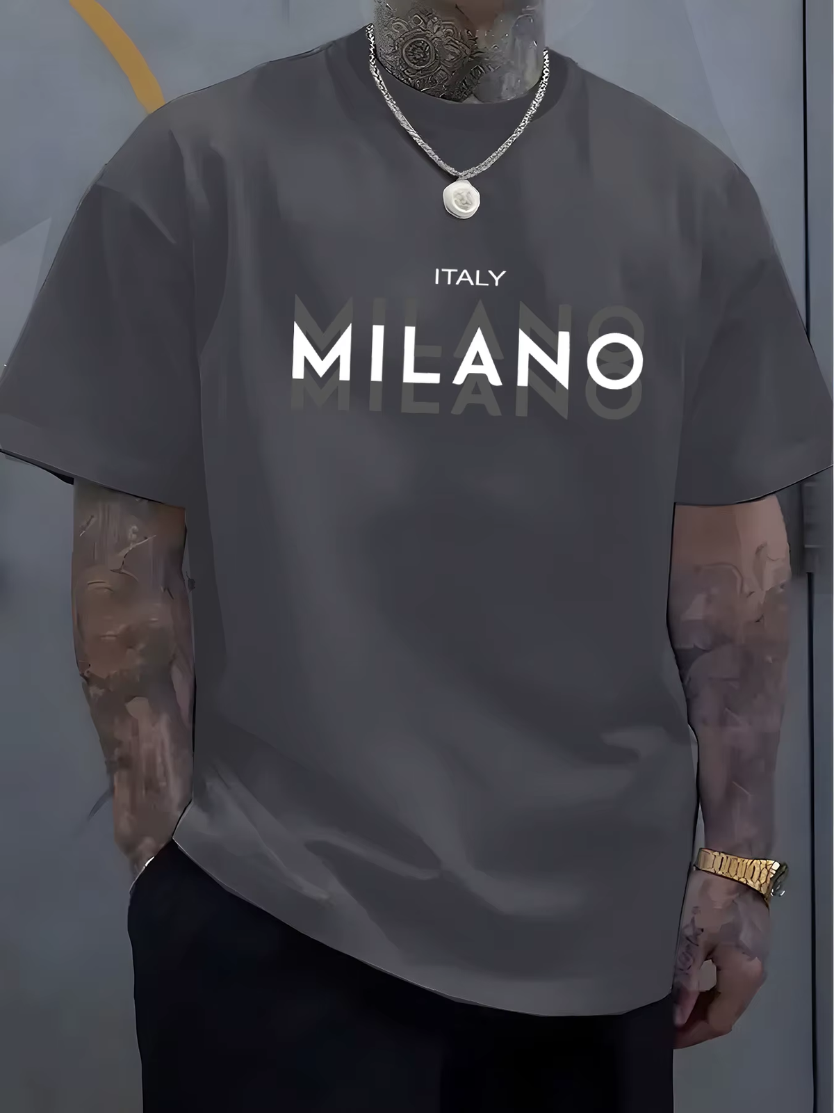 Summer Men'S 100% Pure Cotton Casual Loose Fit plus Size ITALY MILANO Printed Comfortable round Neck Short Sleeved T-Shirt Top