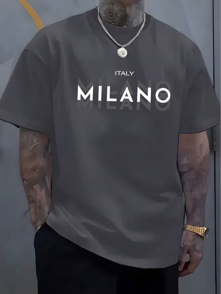 Summer Men'S 100% Pure Cotton Casual Loose Fit plus Size ITALY MILANO Printed Comfortable round Neck Short Sleeved T-Shirt Top